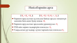 Нийлбэрийн арга
[ Ro = Rө + Rн ]; [ Ro = Rf + S1+S2 +…Sn ]
 Хөрөнгө оруулалтын хүлээгдэж байгаа эрсдэл тооцоогүй
хамгийн бага ашиг буюу өгөөж -Rf
 Хөрөнгө оруулалтын эрсдэлийн урамшуулал -S1
 ҮХХ-ийн хөрвөх чадваргүйн нэмэгдэл -S2
 Удирдлагын ур чадвар, хүчин чармайлтын нэмэгдэл-S3
 
