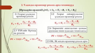 2.1 Газрыг үлдэгдэл
орлогоор үнэлэх
[Ирээдүйн орлого(ОН)=ОГ + ОБ = 𝑽Г ∗ 𝑹Г + 𝑽Б ∗ 𝑹Б]
𝑽Н = 𝑽Б +
ОН − 𝑽Б ∗ 𝑹Б
𝑹Г
𝑽Н = 𝑽Г +
ОН − 𝑽Г ∗ 𝑹Г
𝑹Б
2.2 Газрыг сайжруулалтыг
үлдэгдэл орлогоор үнэлэх
2.3 ҮХХ-ийг бүхэлд
нь үнэлэх
𝑷𝑽 = ҮАЦО ∗ 𝑷
𝑨𝒊,𝒏
+ ҮО ∗ 𝑷
𝑭𝒊,𝒏
2.4 Хөрөнгийг ашиглалтын хугацаа
дуусахаас өмнө худалдах тохиолдолд
𝑷𝑽 = ҮАЦО ∗ 𝑷
𝑨𝒊,𝒏
+ ҮО ∗ 𝑷
𝑭𝒊,𝒏
2.5 ӨК, ЗК ногдох орлогоор үнэлэх арга
𝑽Н = 𝑽ЗК +
ОН − 𝑽ЗК ∗ 𝑹ЗК
𝑹ӨК
𝑽Н = 𝑽ӨК +
ОН − 𝑽ӨК ∗ 𝑹ӨК
𝑹ЗК
2. Үлдэгдэл орлогоор үнэлэх арга техникүүд
 