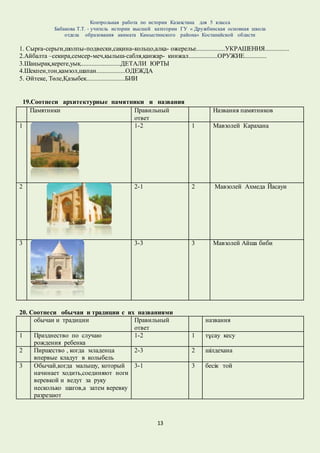 Контрольная работа по истории Казахстана для 5 класса
Бабакова Т.Т. - учитель истории высшей категории ГУ « Дружбинская основная школа
отдела образования акимата Камыстинского района» Костанайской области
13
1. Сырға-серьги,шолпы-подвески,сақина-кольцо,алқа- ожерелье..................УКРАШЕНИЯ...............
2.Айбалта –секира,семсер-меч,қылыш-сабля,қанжар- кинжал..................ОРУЖИЕ..............
3.Шаңырақ,кереге,уық.........................ДЕТАЛИ ЮРТЫ
4.Шекпен,тон,қамзол,шапан..................ОДЕЖДА
5. Әйтеке, Төле,Қазыбек........................БИИ
19.Соотнеси архитектурные памятники и названия
Памятники Правильный
ответ
Названия памятников
1 1-2 1 Мавзолей Карахана
2 2-1 2 Мавзолей Ахмеда Йасауи
3 3-3 3 Мавзолей Айша биби
20. Соотнеси обычаи и традиции с их названиями
обычаи и традиции Правильный
ответ
названия
1 Празднество по случаю
рождения ребенка
1-2 1 тұсау кесу
2 Пиршество , когда младенца
впервые кладут в колыбель
2-3 2 шілдехана
3 Обычай,когда малышу, который
начинает ходить,соединяют ноги
веревкой и ведут за руку
несколько шагов,а затем веревку
разрезают
3-1 3 бесік той
 