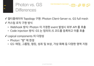 ✓ 멀티플레이어 Topology 구현: Photon Client-Server vs. GS full mesh
✓ 커스텀 로직 구현 방식
• Webhook 방식: Photon 이 가정한 event 발생시 외부 API 를 호출
• Code injection 방식: GS 는 임의의 JS 코드를 등록하고 이를 호출
✓ Logical components 의 다양성
• Photon: “방” 에 한정
• GS: 매칭, 그룹핑, 랭킹, 성취 및 보상, 가상 화폐 등 다양한 영역 지원
✓ Operational component 유무
• Photon: CCU / Room monitoring에 한정
• GS: logical components 의 설정 및 모니터링이 대쉬보드로 가능
Photon vs. GS
Differences
18.
Great Technology For Great Games
 