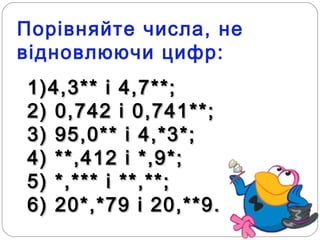Порівняйте числа, не
відновлюючи цифр:
1)1)4,3** і 4,7**;4,3** і 4,7**;
2) 0,742 і 0,741**;2) 0,742 і 0,741**;
3) 95,0** і 4,*3*;3) 95,0** і 4,*3*;
4) **,412 і *,9*;4) **,412 і *,9*;
5) *,*** і **,**;5) *,*** і **,**;
6) 20*,*79 і 20,**9.6) 20*,*79 і 20,**9.
 