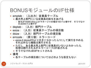 BONUSモジュールのI/F仕様
2011/7/7ソフトウェア・テスト入門５14
 emptab：（入出力）従業員テーブル
 最大売上部門にいる従業員の給与をあげる
 給与が15000.00以上かマネージャの場合100ドル増やす．そうでなけ
れば200ドル増やす
 deptab：（入力）部門テーブル
 esize：（入力）従業員テーブルの項目数
 dsize：（入力）部門テーブルの項目数
 errcode：（戻り値）エラーコード
 esizeとdsizeが0より大きくなかったら1にして実行をやめる．
それ以外なら機能は実行される
 ただし，ある最大売上部門に従業員がいないとわかったら，
処理は続行されるがエラーコード2が返される
 そうでなければ0がセットされる
 備考
 各テーブルの項目順についてはどのような仮定もない
 