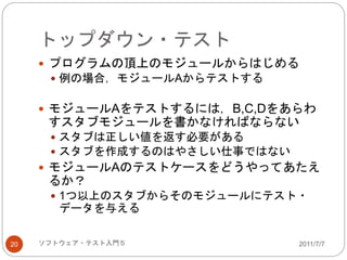 トップダウン・テスト
2011/7/7ソフトウェア・テスト入門５20
 プログラムの頂上のモジュールからはじめる
 例の場合，モジュールAからテストする
 モジュールAをテストするには，B,C,Dをあらわ
すスタブモジュールを書かなければならない
 スタブは正しい値を返す必要がある
 スタブを作成するのはやさしい仕事ではない
 モジュールAのテストケースをどうやってあたえ
るか？
 1つ以上のスタブからそのモジュールにテスト・
データを与える
 