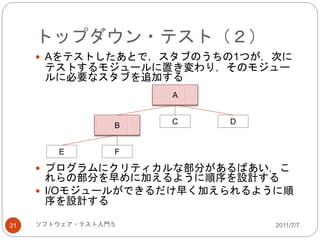 トップダウン・テスト（２）
2011/7/7ソフトウェア・テスト入門５21
 Aをテストしたあとで，スタブのうちの1つが，次に
テストするモジュールに置き変わり，そのモジュー
ルに必要なスタブを追加する
 プログラムにクリティカルな部分があるばあい，こ
れらの部分を早めに加えるように順序を設計する
 I/Oモジュールができるだけ早く加えられるように順
序を設計する
A
CB D
FE
 