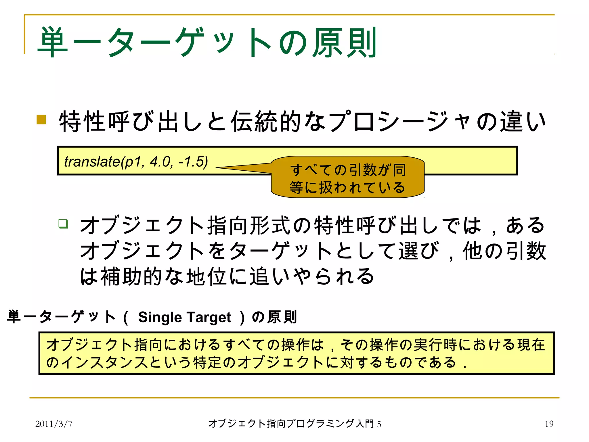 2011/3/7
単一ターゲットの原則
 特性呼び出しと伝統的なプロシージャの違い
 オブジェクト指向形式の特性呼び出しでは，ある
オブジェクトをターゲットとして選び，他の引数
は補助的な地位に追いやられる
オブジェクト指向におけるすべての操作は，その操作の実行時における現在
のインスタンスという特定のオブジェクトに対するものである．
単一ターゲット（ Single Target ）の原則
translate(p1, 4.0, -1.5)
すべての引数が同
等に扱われている
19オブジェクト指向プログラミング入門 5
 