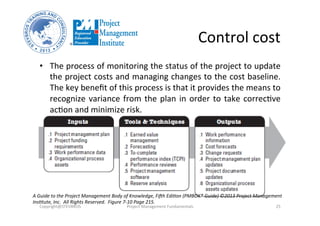 Control	
  cost	
  
•  The	
  process	
  of	
  monitoring	
  the	
  status	
  of	
  the	
  project	
  to	
  update	
  
the	
  project	
  costs	
  and	
  managing	
  changes	
  to	
  the	
  cost	
  baseline.	
  
The	
  key	
  beneﬁt	
  of	
  this	
  process	
  is	
  that	
  it	
  provides	
  the	
  means	
  to	
  
recognize	
  variance	
  from	
  the	
  plan	
  in	
  order	
  to	
  take	
  correcHve	
  
acHon	
  and	
  minimize	
  risk.	
  	
  
Copyright@STEVBROS	
   Project	
  Management	
  Fundamentals	
   25	
  
A	
  Guide	
  to	
  the	
  Project	
  Management	
  Body	
  of	
  Knowledge,	
  FiBh	
  Edi9on	
  (PMBOK®	
  Guide)	
  ©2013	
  Project	
  Management	
  
Ins9tute,	
  Inc.	
  	
  All	
  Rights	
  Reserved.	
  	
  Figure	
  7-­‐10	
  Page	
  215.	
  
 