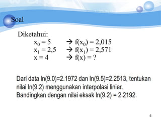 Diketahui:
x0 = 5  f(x0) = 2,015
x1 = 2,5  f(x1) = 2,571
x = 4  f(x) = ?
Soal
5
 