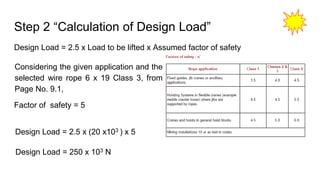 Step 2 “Calculation of Design Load”
Design Load = 2.5 x Load to be lifted x Assumed factor of safety
Considering the given application and the
selected wire rope 6 x 19 Class 3, from
Page No. 9.1,
Design Load = 2.5 x (20 x103 ) x 5
Design Load = 250 x 103 N
Factor of safety = 5
 