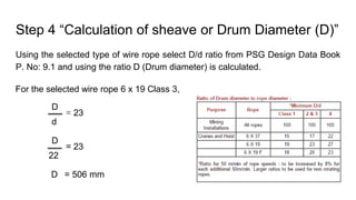 Step 4 “Calculation of sheave or Drum Diameter (D)”
Using the selected type of wire rope select D/d ratio from PSG Design Data Book
P. No: 9.1 and using the ratio D (Drum diameter) is calculated.
For the selected wire rope 6 x 19 Class 3,
D
d
= 23
D
22
= 23
D = 506 mm
 