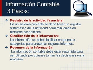 Información Contable
3 Pasos:
➔ Registro de la actividad financiera:
En un sistema contable se debe llevar un registro
sistemático de la actividad comercial diaria en
términos económicos
➔ Clasificación de la información:
La información se debe clasificar en grupos o
categorías para presentar mejores informes.
➔ Resumen de la información:
La información contable debe estar resumida para
ser utilizada por quienes toman las decisiones en la
empresa.
 