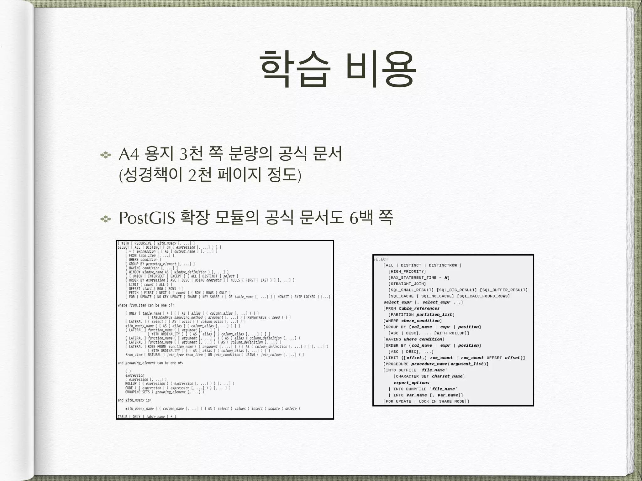 학습 비용 A4 용지 3천 쪽 분량의 공식 문서  (성경책이 2천 페이지 정도) PostGIS 확장 모듈의 공식 문서도 6백 쪽                  