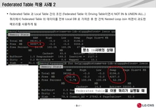 - 2/17 -
Federated Table 적용 사례 2
 Federated Table 과 Local Table 간의 조인 (Federated Table 이 Driving Table이면서 NOT IN & UNION ALL...)
쿼리에서 Federated Table 의 데이터를 전부 Local DB 로 가져온 후 한 건씩 Nested Loop Join 하면서 과도한
메모리를 사용하게 됨
평소 DB서버의 상태
Federated Table을 이용 쿼리가 실행될 때
 