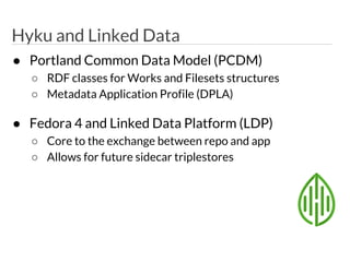 ● Portland Common Data Model (PCDM)
○ RDF classes for Works and Filesets structures
○ Metadata Application Profile (DPLA)
● Fedora 4 and Linked Data Platform (LDP)
○ Core to the exchange between repo and app
○ Allows for future sidecar triplestores
Hyku and Linked Data
 