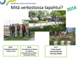 22.3.
Työpaikalla kaikki OK
– oletko varma?
21.4.
Terveellinen työ -Elämän
eri vaiheissa
(Finandia talo, Eu OSHA –
kampanjan aloitus)
Mitä verkostossa tapahtui?
11.5.
”Yritys HyväX”
Hyvinvointirastit
Uusimaa viikolla
 