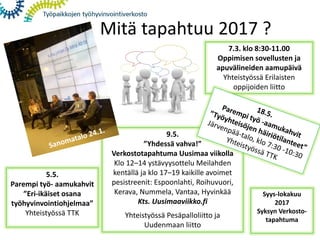 Mitä tapahtuu 2017 ?
9.5.
”Yhdessä vahva!”
Verkostotapahtuma Uusimaa viikolla
Klo 12–14 ystävyysottelu Meilahden
kentällä ja klo 17–19 kaikille avoimet
pesistreenit: Espoonlahti, Roihuvuori,
Kerava, Nummela, Vantaa, Hyvinkää
Kts. Uusimaaviikko.fi
Yhteistyössä Pesäpalloliitto ja
Uudenmaan liitto
7.3. klo 8:30-11.00
Oppimisen sovellusten ja
apuvälineiden aamupäivä
Yhteistyössä Erilaisten
oppijoiden liitto
Syys-lokakuu
2017
Syksyn Verkosto-
tapahtuma
5.5.
Parempi työ- aamukahvit
”Eri-ikäiset osana
työhyvinvointiohjelmaa”
Yhteistyössä TTK
 
