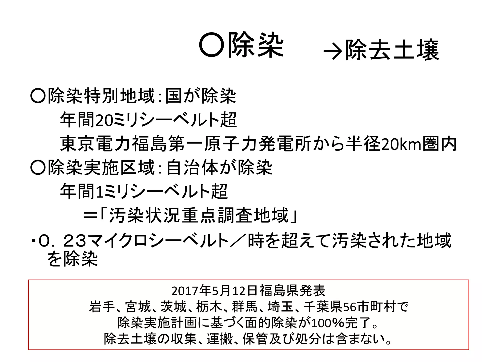 ○除染
○除染特別地域：国が除染
年間20ミリシーベルト超
東京電力福島第一原子力発電所から半径20km圏内
○除染実施区域：自治体が除染
年間1ミリシーベルト超
＝「汚染状況重点調査地域」
・０．２３マイクロシーベルト／時を超えて汚染された地域
を除染
2017年5月12日福島県発表
岩手、宮城、茨城、栃木、群馬、埼玉、千葉県56市町村で
除染実施計画に基づく面的除染が100％完了。
除去土壌の収集、運搬、保管及び処分は含まない。
→除去土壌
 