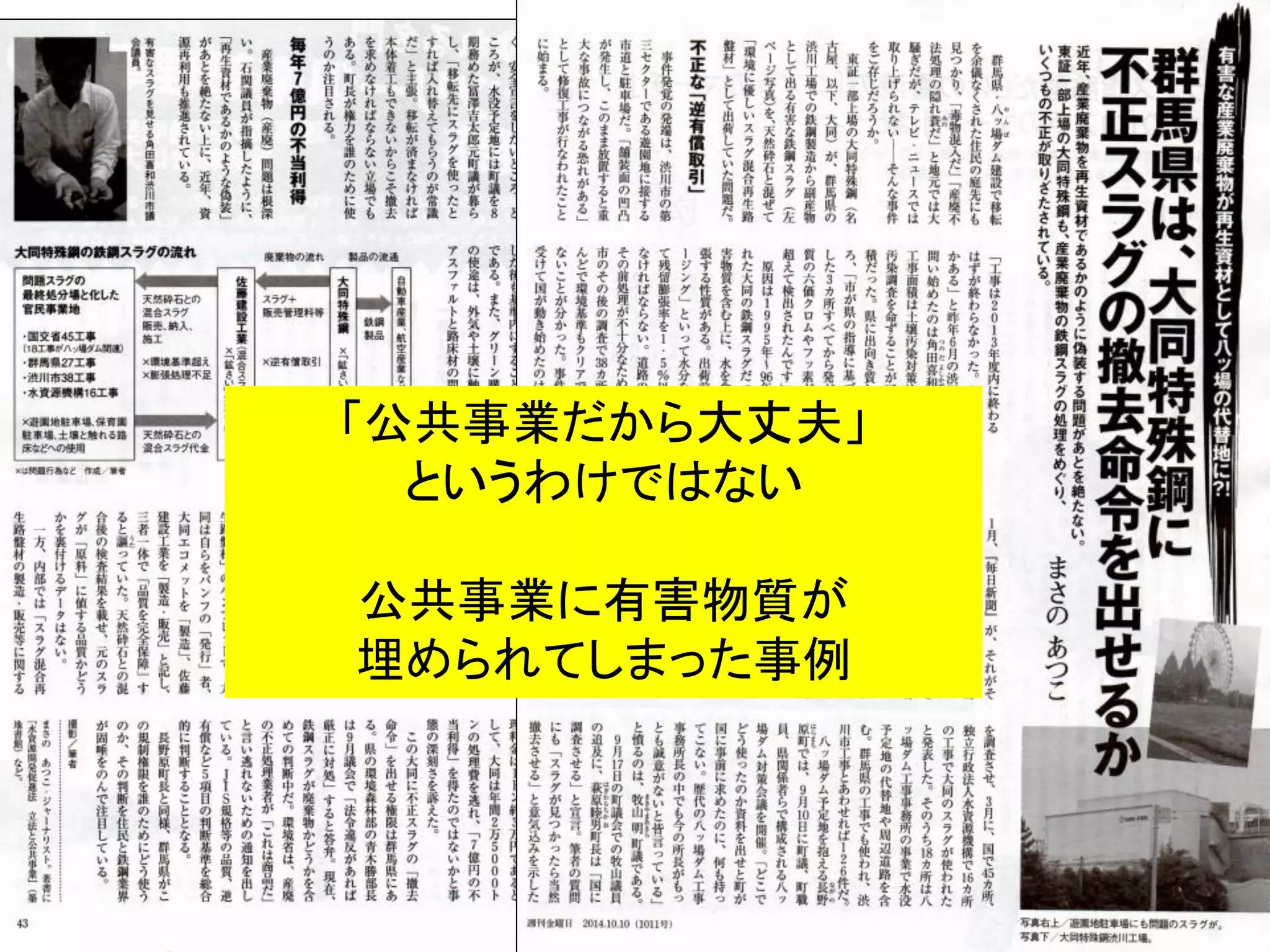 「公共事業だから大丈夫」
というわけではない
公共事業に有害物質が
埋められてしまった事例
 