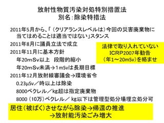 放射性物質汚染対処特別措置法
別名：除染特措法
2011年5月から、「 （クリアランスレベルは）今回の災害廃棄物に
当てはめることは適当ではない」スタンス
2011年8月に議員立法で成立
2011年11月に基本方針
年20ｍＳｖ以上 段階的縮小
年20ｍＳｖ未満→１mSvは長期目標
2011年12月放射線審議会→環境省令
0.23μSv／時以上は除染
8000ベクレル／㎏超は指定廃棄物
8000 （10万）ベクレル／ ㎏以下は管理型処分場埋立処分可
居住（被ばく）させながら除染→帰還の推進
法律で取り入れていない
ＩＣＲＰ2007年勧告
（年1～20mSv）を絡ませ
→放射能汚染ごみ増大
 