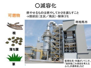 相馬市広野町
燃やせるものは燃やしてかさを減らすこと
○減容化
→焼却灰（主灰／飛灰）・解体ゴミ
南相馬市
監視住民・市議がいてこそ。
「放射能ごみ焼却を考える
ふくしま連絡会」など
 