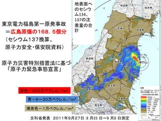 空間線量高さ１ｍ
東京電力福島第一原発事故
＝広島原爆の１６８．５個分
（セシウム１３７換算、
原子力安全・保安院資料）
原子力災害特別措置法に基づく
「原子力緊急事態宣言」
地表面へ
のセシウ
ム134、
137の沈
着量の合
計
文科省発表 ２０１１年９月２７日：8 月23 日～9 月8 日測定
薄茶色－１万ベクレル／ｍ２
赤色－３００万ベクレル／ｍ２
青－６～３０万ベクレル／ｍ２
 