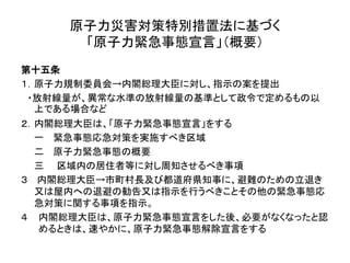 原子力災害対策特別措置法に基づく
「原子力緊急事態宣言」（概要）
第十五条
１．原子力規制委員会→内閣総理大臣に対し、指示の案を提出
・放射線量が、異常な水準の放射線量の基準として政令で定めるもの以
上である場合など
２．内閣総理大臣は、「原子力緊急事態宣言」をする
一 緊急事態応急対策を実施すべき区域
二 原子力緊急事態の概要
三 区域内の居住者等に対し周知させるべき事項
３ 内閣総理大臣→市町村長及び都道府県知事に、避難のための立退き
又は屋内への退避の勧告又は指示を行うべきことその他の緊急事態応
急対策に関する事項を指示。
４ 内閣総理大臣は、原子力緊急事態宣言をした後、必要がなくなったと認
めるときは、速やかに、原子力緊急事態解除宣言をする
 