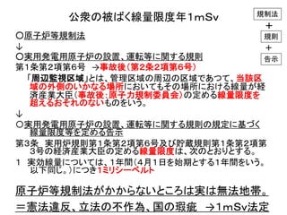 公衆の被ばく線量限度年１ｍＳｖ
○原子炉等規制法
↓
○実用発電用原子炉の設置、運転等に関する規則
第１条第２項第６号 →事故後（第２条２項第６号）
「周辺監視区域」とは、管理区域の周辺の区域であつて、当該区
域の外側のいかなる場所においてもその場所における線量が経
済産業大臣（事故後：原子力規制委員会）の定める線量限度を
超えるおそれのないものをいう。
↓
〇実用発電用原子炉の設置、運転等に関する規則の規定に基づく
線量限度等を定める告示
第３条 実用炉規則第１条第２項第６号及び貯蔵規則第１条第２項第
３号の経済産業大臣の定める線量限度は、次のとおりとする。
１ 実効線量については、１年間（４月１日を始期とする１年間をいう。
以下同じ。）につき１ミリシーベルト
規制法
告示
規則
＋
＋
原子炉等規制法がかからないところは実は無法地帯。
＝憲法違反、立法の不作為、国の瑕疵 →１ｍＳｖ法定
 