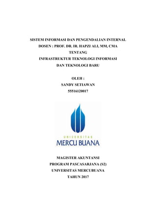 SISTEM INFORMASI DAN PENGENDALIAN INTERNAL
DOSEN : PROF. DR. IR. HAPZI ALI, MM, CMA
TENTANG
INFRASTRUKTUR TEKNOLOGI INFORMASI
DAN TEKNOLOGI BARU
OLEH :
SANDY SETIAWAN
55516120017
MAGISTER AKUNTANSI
PROGRAM PASCASARJANA (S2)
UNIVERSITAS MERCUBUANA
TAHUN 2017
 