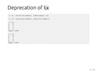 Deprecation of ix
>>> s1 = pd.Series(range(4), index=range(1, 5))
>>> s2 = pd.Series(range(4), index=list('abcd'))
>>> s1
...