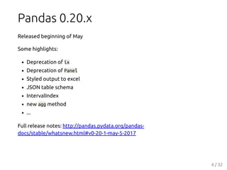 Pandas 0.20.x
Released beginning of May
Some highlights:
Deprecation of ix
Deprecation of Panel
Styled output to excel
JSO...