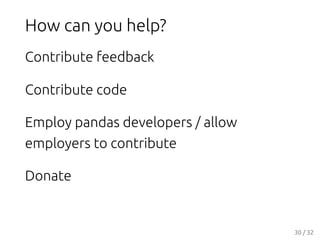How can you help?
Contribute feedback
Contribute code
Employ pandas developers / allow
employers to contribute
Donate
30 /...