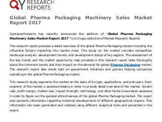 Global Pharma Packaging Machinery Sales Market
Report 2017
Qyresearchreports has recently announced the addition of "Global Pharma Packaging
Machinery Sales Market Report 2017" to its huge collection of Market Research Reports.
The research report provides a detail overview of the global Pharma Packaging market including the
influential factors impacting this market most. This study on the market includes competitive
landscape analysis, development trends, and development status of key regions. The assessment of
the key trends and the market opportunity map provided in this research report talks thoroughly
about the imminent trends and their impact on the demand for global Pharma Packaging market.
The research report also sheds light on government initiatives and policies helping companies
operating in the global Pharma Packaging market.
This research study segments the market on the basis of its type, applications, and end-users. Each
segment of the market is assessed deeply in order to provide detail overview of the market. Growth
rate, profit margin, market size, impact strength, technology, and other factors have been assessed
in order to figure out the general attractiveness of the global Pharma Packaging market. The report
also presents information regarding historical developments of different geographical regions. This
information has been generated and collated using different analytical tools and presented in the
report.
 