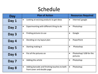 Schedule
Day Plan of Action Resources Required
Day 1  Looking at excising products to get ideas  Internet/ google
Day 2  Experimenting with different thing to do  Photoshop
Day 3  Finding pictures to use  Google
Day 4  Deciding on my layout plan  PowerPoint
Day 5  Starting making it  Photoshop
Day 6  Put all the pictures on  Photoshop/ USB for the
pictures
Day 7  Adding the article  Photoshop
Day 8  Adding barcode and finishing touches to both
front cover and double page
 Photoshop
 