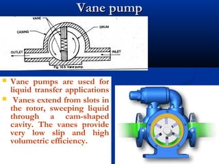 Vane pumpVane pump
 Vane pumps are used for
liquid transfer applications
 Vanes extend from slots in
the rotor, sweeping liquid
through a cam-shaped
cavity. The vanes provide
very low slip and high
volumetric efficiency.
 