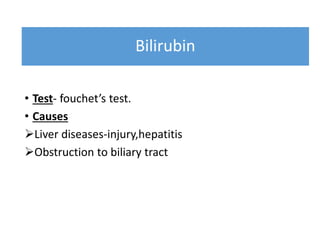 Bilirubin
• Test- fouchet’s test.
• Causes
Liver diseases-injury,hepatitis
Obstruction to biliary tract
 
