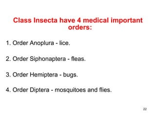 22
Class Insecta have 4 medical important
orders:
1. Order Anoplura - lice.
2. Order Siphonaptera - fleas.
3. Order Hemiptera - bugs.
4. Order Diptera - mosquitoes and flies.
 