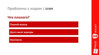 Проблемы с кодом / cron
Лишний воркер
Долго висят воркеры
Что плохого?
MaxClients
 