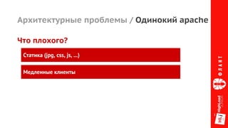 Архитектурные проблемы / Одинокий apache
Медленные клиенты
Статика (jpg, css, js, ...)
Что плохого?
 