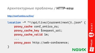 Архитектурные проблемы / HTTP-кеш
http://conf.ontico.ru/live/
location ~* "^/api/live/(current|next).json" {
proxy_cache conf_ontico_ru;
proxy_cache_key $request_uri;
proxy_cache_valid 1m;
...
proxy_pass http://web-conference;
}
 
