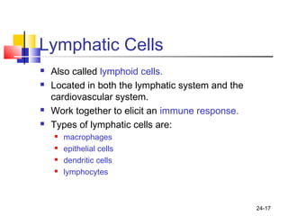 24-17
Lymphatic Cells
 Also called lymphoid cells.
 Located in both the lymphatic system and the
cardiovascular system.
 Work together to elicit an immune response.
 Types of lymphatic cells are:
 macrophages
 epithelial cells
 dendritic cells
 lymphocytes
 