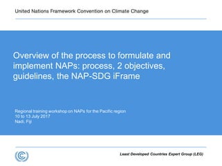 Regional training workshop on NAPs for the Pacific region
10 to 13 July 2017
Nadi, Fiji
Overview of the process to formulate and
implement NAPs: process, 2 objectives,
guidelines, the NAP-SDG iFrame
Least Developed Countries Expert Group (LEG)
 