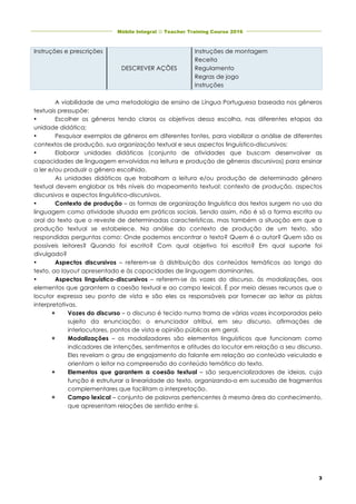 Móbile Integral J Teacher Training Course 2016	
	
	 	
3
Instruções e prescrições
DESCREVER AÇÕES
Instruções de montagem
Receita
Regulamento
Regras de jogo
Instruções
A viabilidade de uma metodologia de ensino de Língua Portuguesa baseada nos gêneros
textuais pressupõe:
• Escolher os gêneros tendo claros os objetivos dessa escolha, nas diferentes etapas da
unidade didática;
• Pesquisar exemplos de gêneros em diferentes fontes, para viabilizar a análise de diferentes
contextos de produção, sua organização textual e seus aspectos linguístico-discursivos;
• Elaborar unidades didáticas (conjunto de atividades que buscam desenvolver as
capacidades de linguagem envolvidas na leitura e produção de gêneros discursivos) para ensinar
a ler e/ou produzir o gênero escolhido.
As unidades didáticas que trabalham a leitura e/ou produção de determinado gênero
textual devem englobar os três níveis do mapeamento textual: contexto de produção, aspectos
discursivos e aspectos linguístico-discursivos.
• Contexto de produção – as formas de organização linguística dos textos surgem no uso da
linguagem como atividade situada em práticas sociais. Sendo assim, não é só a forma escrita ou
oral do texto que o reveste de determinadas características, mas também a situação em que a
produção textual se estabelece. Na análise do contexto de produção de um texto, são
respondidas perguntas como: Onde podemos encontrar o texto? Quem é o autor? Quem são os
possíveis leitores? Quando foi escrito? Com qual objetivo foi escrito? Em qual suporte foi
divulgado?
• Aspectos discursivos – referem-se à distribuição dos conteúdos temáticos ao longo do
texto, ao layout apresentado e às capacidades de linguagem dominantes.
• Aspectos linguístico-discursivos – referem-se às vozes do discurso, às modalizações, aos
elementos que garantem a coesão textual e ao campo lexical. É por meio desses recursos que o
locutor expressa seu ponto de vista e são eles os responsáveis por fornecer ao leitor as pistas
interpretativas.
é Vozes do discurso – o discurso é tecido numa trama de várias vozes incorporadas pelo
sujeito da enunciação; o enunciador atribui, em seu discurso, afirmações de
interlocutores, pontos de vista e opinião públicas em geral.
é Modalizações – os modalizadores são elementos linguísticos que funcionam como
indicadores de intenções, sentimentos e atitudes do locutor em relação a seu discurso.
Eles revelam o grau de engajamento do falante em relação ao conteúdo veiculado e
orientam o leitor na compreensão do conteúdo temático do texto.
é Elementos que garantem a coesão textual – são sequencializadores de ideias, cuja
função é estruturar a linearidade do texto, organizando-o em sucessão de fragmentos
complementares que facilitam a interpretação.
é Campo lexical – conjunto de palavras pertencentes à mesma área do conhecimento,
que apresentam relações de sentido entre si.
 