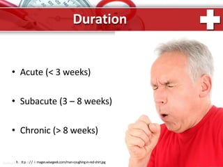 Duration
• Acute (< 3 weeks)
• Subacute (3 – 8 weeks)
• Chronic (> 8 weeks)
ProPowerhPottipn:t/./Riumages.wisegeek.com/man-coughing-in-red-shirt.jpg
 