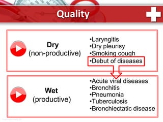 Quality
• Dry
(non-productive)
• Wet
(productive)
•Laryngitis
•Dry pleurisy
•Smoking cough
•Debut of diseases
•Acute viral diseases
•Bronchitis
•Pneumonia
•Tuberculosis
•Bronchiectatic disease
ProPowerPoint.Ru
 