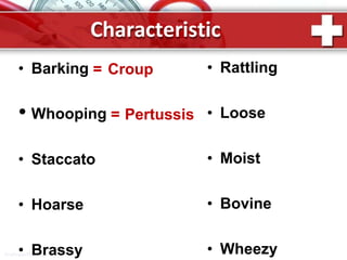 Characteristic
ProPowerPoint.Ru
• Rattling
• Loose
• Moist
• Bovine
• Wheezy
• Barking = Croup
• Whooping = Pertussis
• Staccato
• Hoarse
• Brassy
 