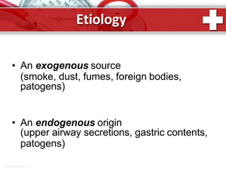 Etiology
ProPowerPoint.Ru
• An exogenous source
(smoke, dust, fumes, foreign bodies,
patogens)
• An endogenous origin
(upper airway secretions, gastric contents,
patogens)
 