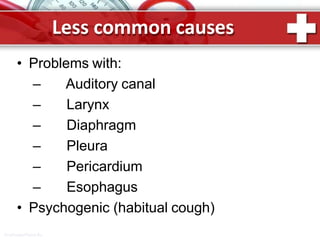 Less common causes
ProPowerPoint.Ru
• Problems with:
– Auditory canal
– Larynx
– Diaphragm
– Pleura
– Pericardium
– Esophagus
• Psychogenic (habitual cough)
 