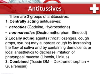 Antitussives
ProPowerPoint.Ru
There are 3 groups of antitussives:
1. Centrally acting antitussives:
• narcotics (Codeine, Hydrocodone)
• non-narcotics (Dextromethorphan, Sinecod)
2.Locally acting agents (throat lozenges, cough
drops, syrups) may suppress cough by increasing
the flow of saliva and by containing demulcents or
local anesthetics to decrease irritation of
pharyngeal mucosa (Libexin, Linkus).
3. Combined (Tussin DM = Dextromethorphan +
Guaifenesin)
 