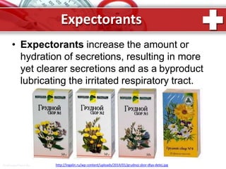 Expectorants
• Expectorants increase the amount or
hydration of secretions, resulting in more
yet clearer secretions and as a byproduct
lubricating the irritated respiratory tract.
http://ingalin.ru/wp-content/uploads/2014/01/grudnoj-sbor-dlya-detej.jpgProPowerPoint.Ru
 