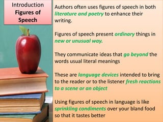 Introduction
Figures of
Speech
Authors often uses figures of speech in both
literature and poetry to enhance their
writing.
Figures of speech present ordinary things in
new or unusual way.
They communicate ideas that go beyond the
words usual literal meanings
These are language devices intended to bring
to the reader or to the listener fresh reactions
to a scene or an object
Using figures of speech in language is like
sprinkling condiments over your bland food
so that it tastes better
 