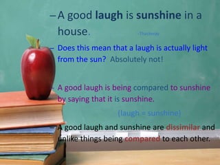 –A good laugh is sunshine in a
house. -Thackeray
– Does this mean that a laugh is actually light
from the sun? Absolutely not!
– A good laugh is being compared to sunshine
by saying that it is sunshine.
(laugh = sunshine)
– A good laugh and sunshine are dissimilar and
unlike things being compared to each other.
 